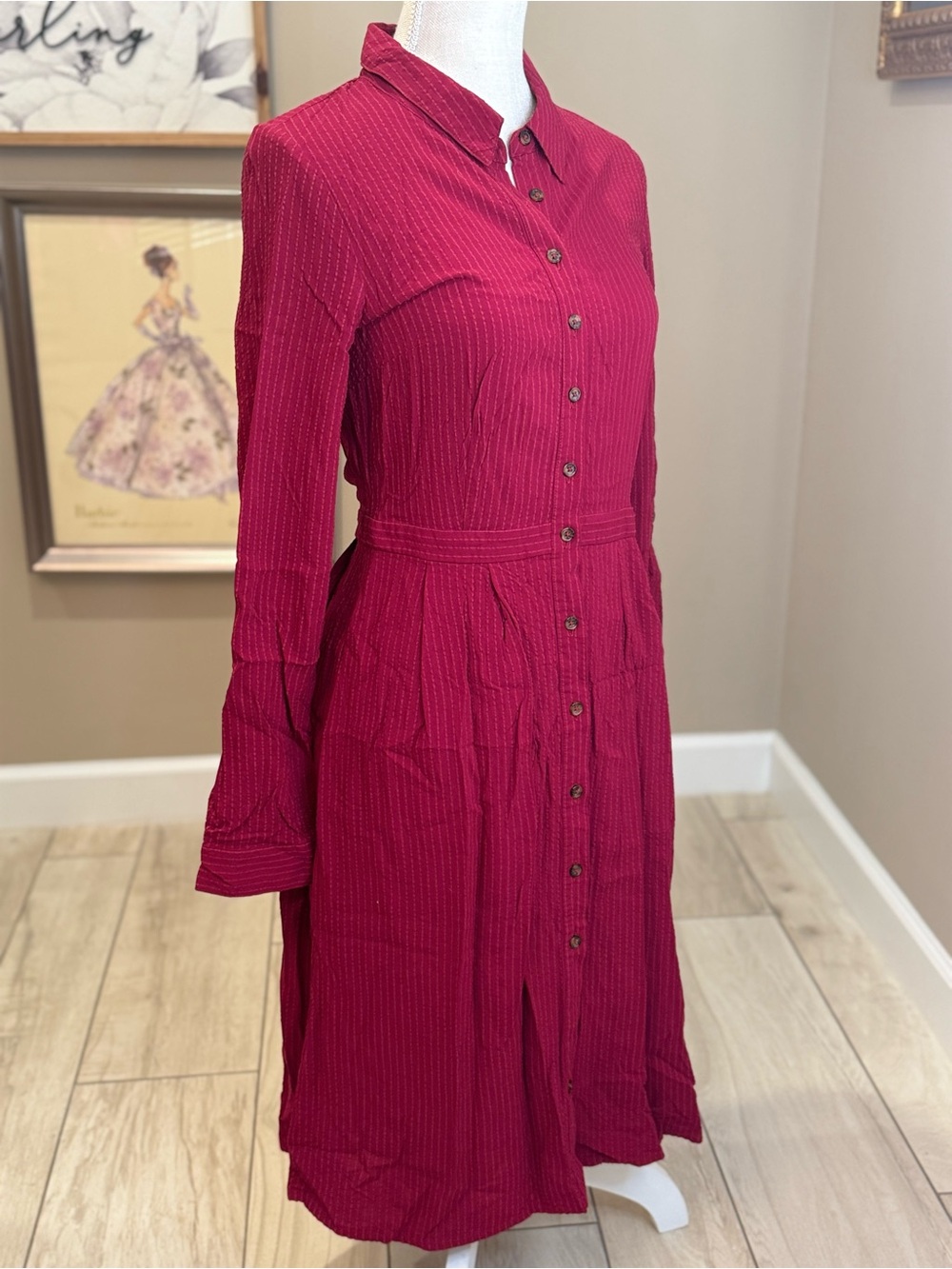 Modcloth Button-Front Striped Stitched Burgundy Red Shirt Dress - Picture 3 of 6